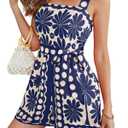 utcoco Womens Summer Rompers Sleeveless Floral Print High Waist Wide Leg Shorts Overalls Jumpsuit with Belt (Large, Blue)