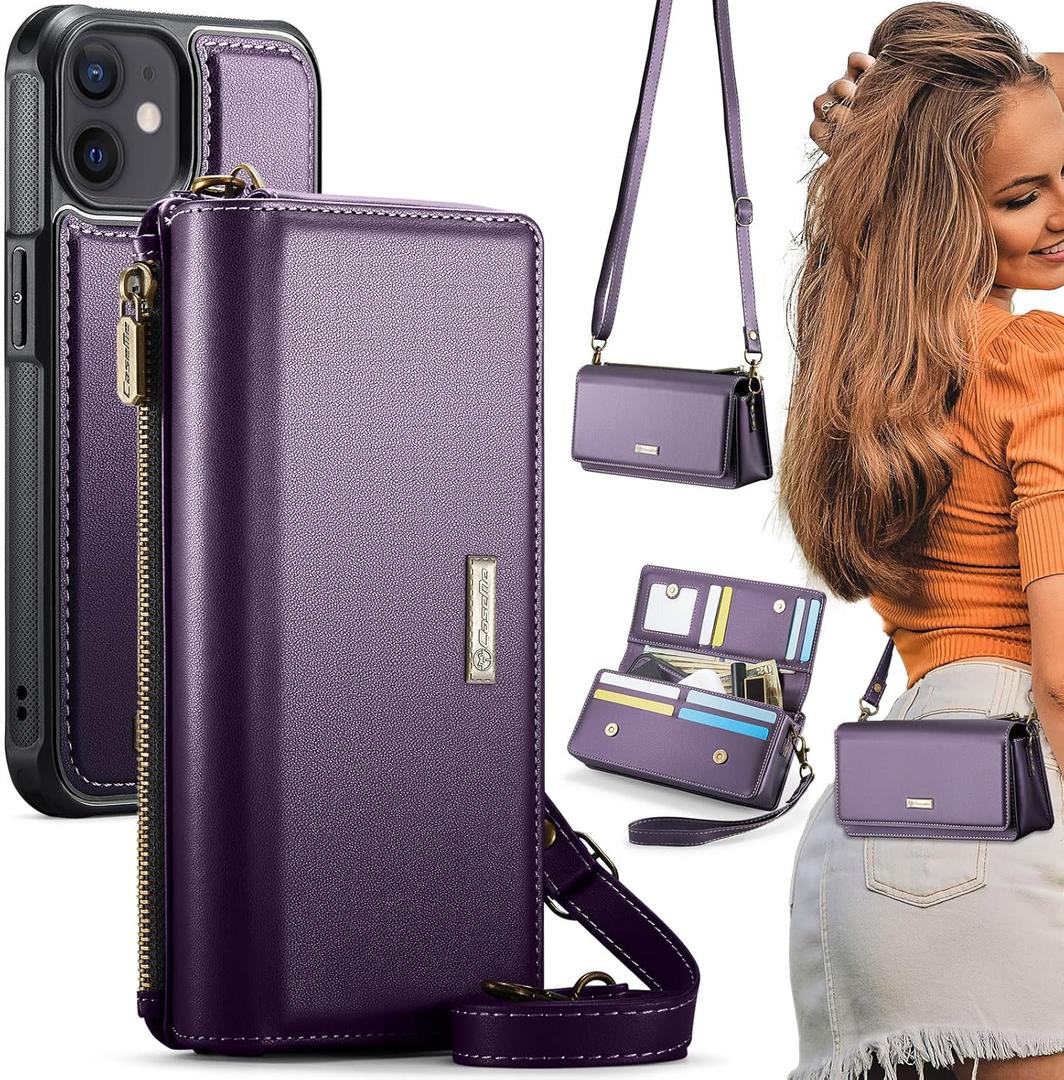 CaseMe 2-in-1 Detachable for iPhone 12/ Pro Crossbody Wallet Case with RFID Blocking 10-Card Holder for Woman, PU Leather Wrist Strap Zipper Purse Wallet Phone Case for iPhone 12 & 12 Pro 6.1", Purple