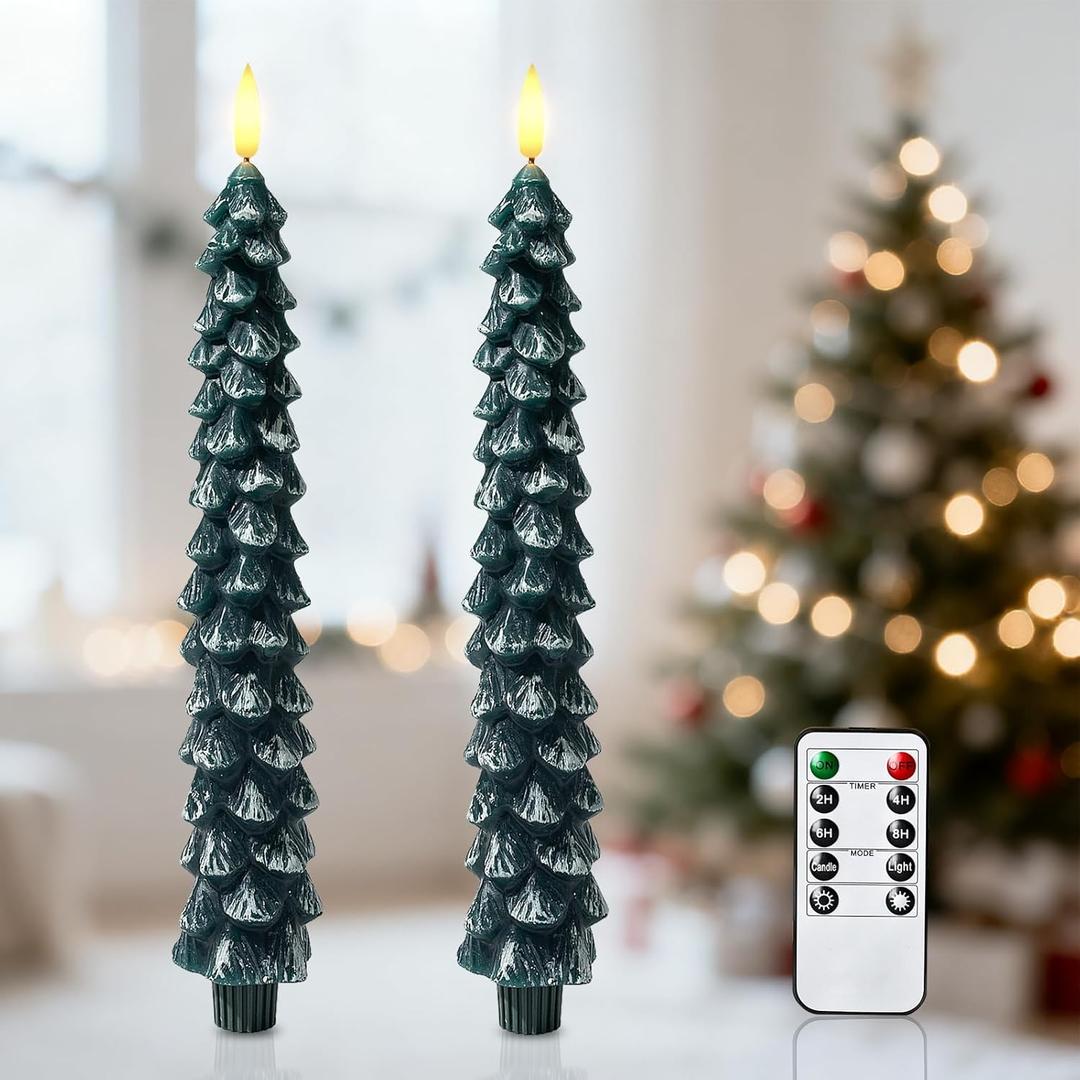 Christmas Decorations Indoor, Christmas Decor - Christmas Tree Taper Flameless Candles Battery Operated with Remote Timer, Xmas Candlesticks Home Table Mantel Room Decor, Wax, Set of 2(Green&White)