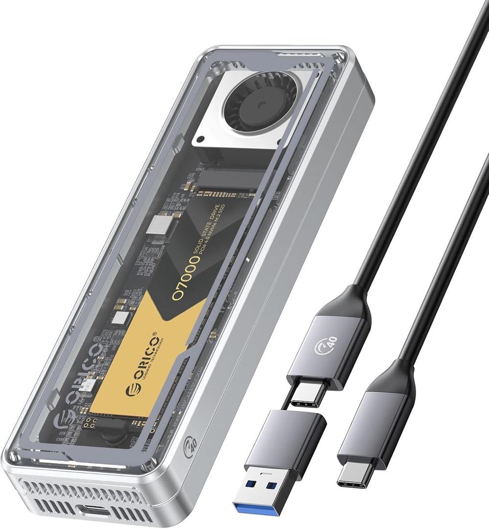 ORICO 40Gbps M.2 NVMe SSD Enclosure with Cooling Fan, Tool-Free Installation Aluminum Crystal NVMe Case, Support 2280 M2 Solid State Drive, Compatible with Thunderbolt 3/4 USB4/3.2/3.1/3.0