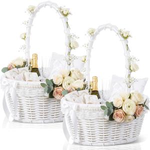 Remerry 2 Pieces Easter Basket for Egg Hunt White Wicker Baskets with Handle Small Picnic Woven Basket Braided Gift Wedding Baby Shower Farmhouse Decor