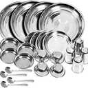 Stainless Steel Dinner Set of 24 Pieces (Glass, Curry Bowl, Desert Bowl, Spoon, Quarter Plate and Full Plate)