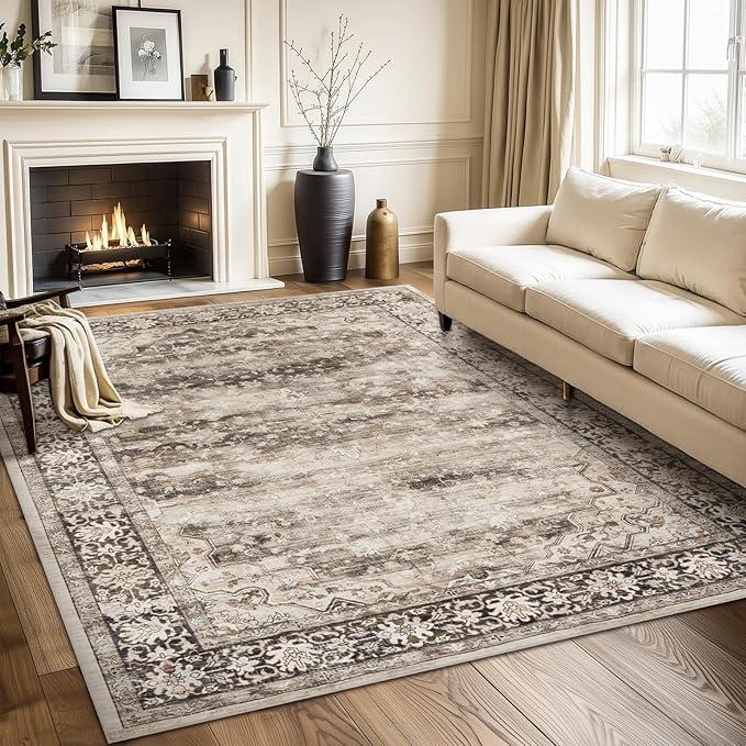 Gray Brown 5x7 Area Rugs for Living Room Washable Low Pile Soft Faux Fur Vintage Boho Carpet Rug Non Slip Sound Absorbing Geometric Floral Rug for Bedroom Office Patio Dining Room Kids Room,Hazel : Home & Kitchen