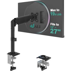 WALI Single Monitor Arm Mount for 13-27 inch Screens, Single Monitor Stand with Full Motion Tilt Swivel Rotation, Holds 19.8 lbs, VESA 75/100, C-Clamp & Grommet Mount (GSDM001S)