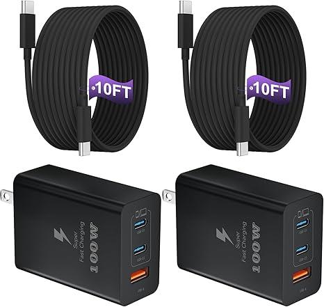 USB C Charger Block 100W, 3Port GaN Super Fast Charger, Type C Wall Charger Adapter with 10ft USB C Charging Cable for MacBook Pro/Air,iPad Pro, iPhone 16/15Pro, Galaxy S24/S23 and More[2 Pack]Black