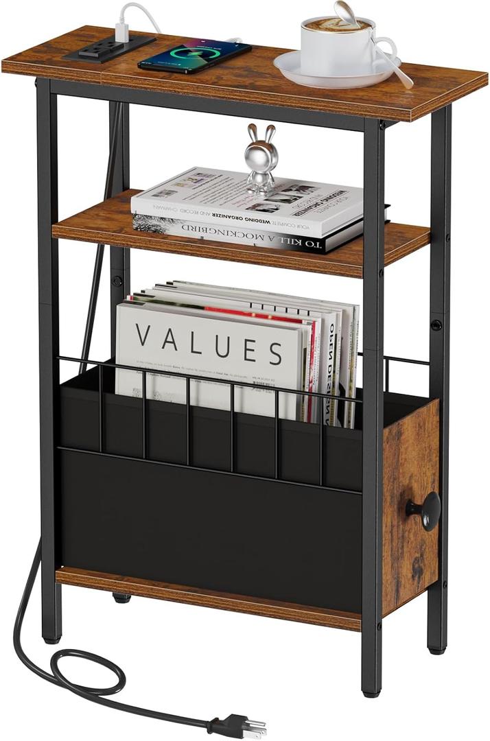 Snughome Narrow Side Table with Charging Station, Slim End Table for Small Spaces, 3 Tier Skinny Nightstand with Drawer, Sofa Beside Table with Storage Shelf for Living Room Bedroom (Rustic Brown)
