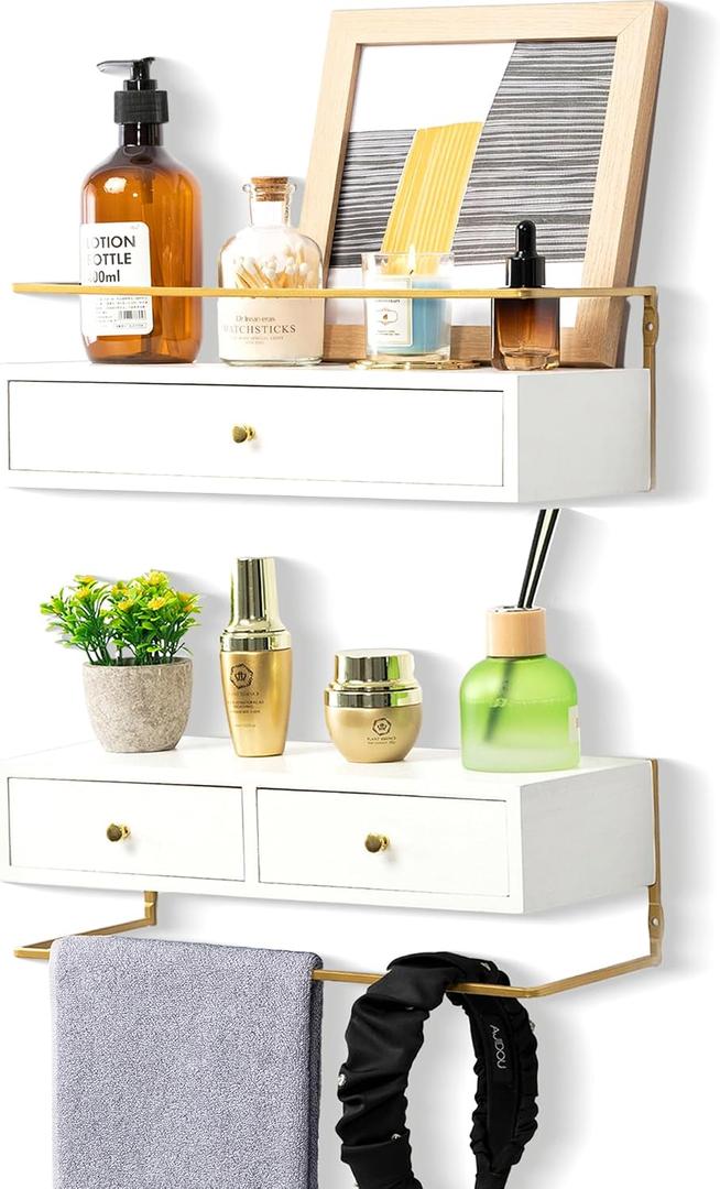 Dreampossible Floating Shelves With Drawers Set of 2, Wall Mounted Bathroom Storage, Rustic Wood Shelves for Bedroom, Living Room, Kitchen, Home Decor, Plants, Books (White)