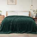 Exclusivo Mezcla King Size Flannel Fleece Blanket, Super Soft Striped Jacquard Bed Blanket, Lightweight Fuzzy Cozy for All Seasons, 90x104 Inches, Forest Green