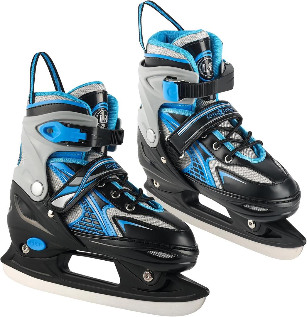 Adjustable Ice Skates for Kids Boys & Girls, 4 Sizes Adjustable, Warm & Comfortable Lining for Beginners-Ages 3-12, Outdoor & Ice Rink Skating Shoes (Large (5-8 US), Blue)