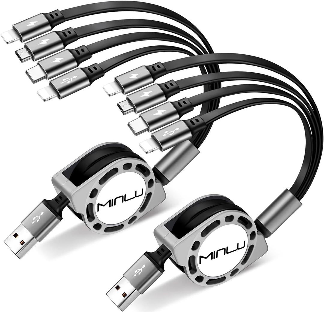 MINLU Multi Charging Cable 4A, 2Pack 4Ft Retractable Multi Fast Charger Cable, Multiple Charging Cord, 4 in 1 Multi USB Cable with Type C/Micro USB Ports for Cell Phones/IP/Galaxy/PS/Tablets/iPads