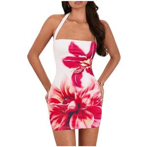 OYOANGLE Women's Floral Print Y2K Mini Dress Halter Neck Sleeveless Fitted Short Dresses, Small