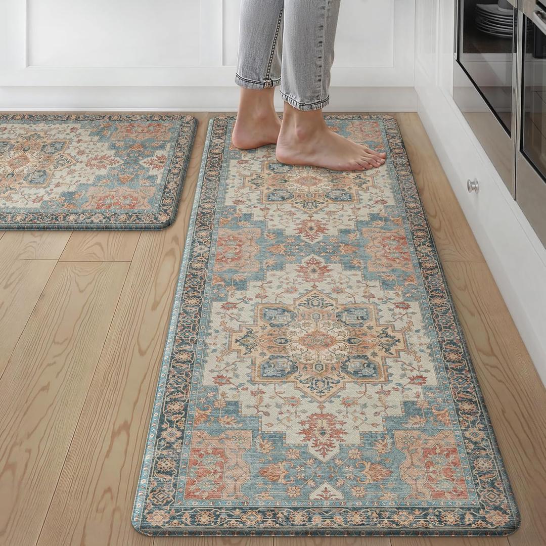 GENIMO Kitchen Mats for Floor 2PCs, Washable Anti Fatigue Mat for Cushioned, 17.3"x47"+17.3"x30", Waterproof Kitchen Rugs, Non Slip Comfort Standing Mat Rug for Home, Sink, Laundry, Blue&Salmon