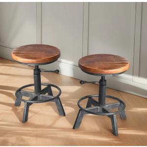 Set of 2-Industrial Bar Stool-Counter Height Chairs- Swivel Wooden Seat- Adjustable 15.2-21" (Silver)