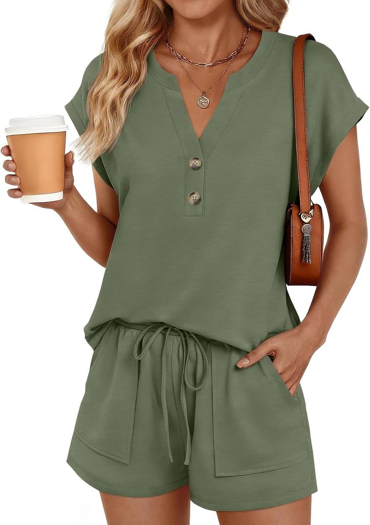 LILLUSORY Womens 2 Piece Summer Short Sets 2026 Vacation Spring Beach Matching Airport Travel Outfits Lounge Wear Sweat Suits Army Green XL