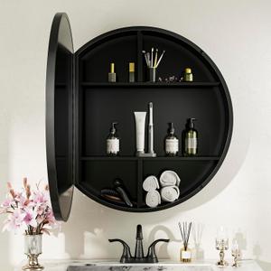 Keonjinn 26 in Round Black Black Medicine Cabinet with Mirror, Surface Mount Metal Frame Mirror Medicine Cabinet, Farmhouse Bathroom Cabinet with Circle Wall Mounted Vanity Mirror Detachable Shelves