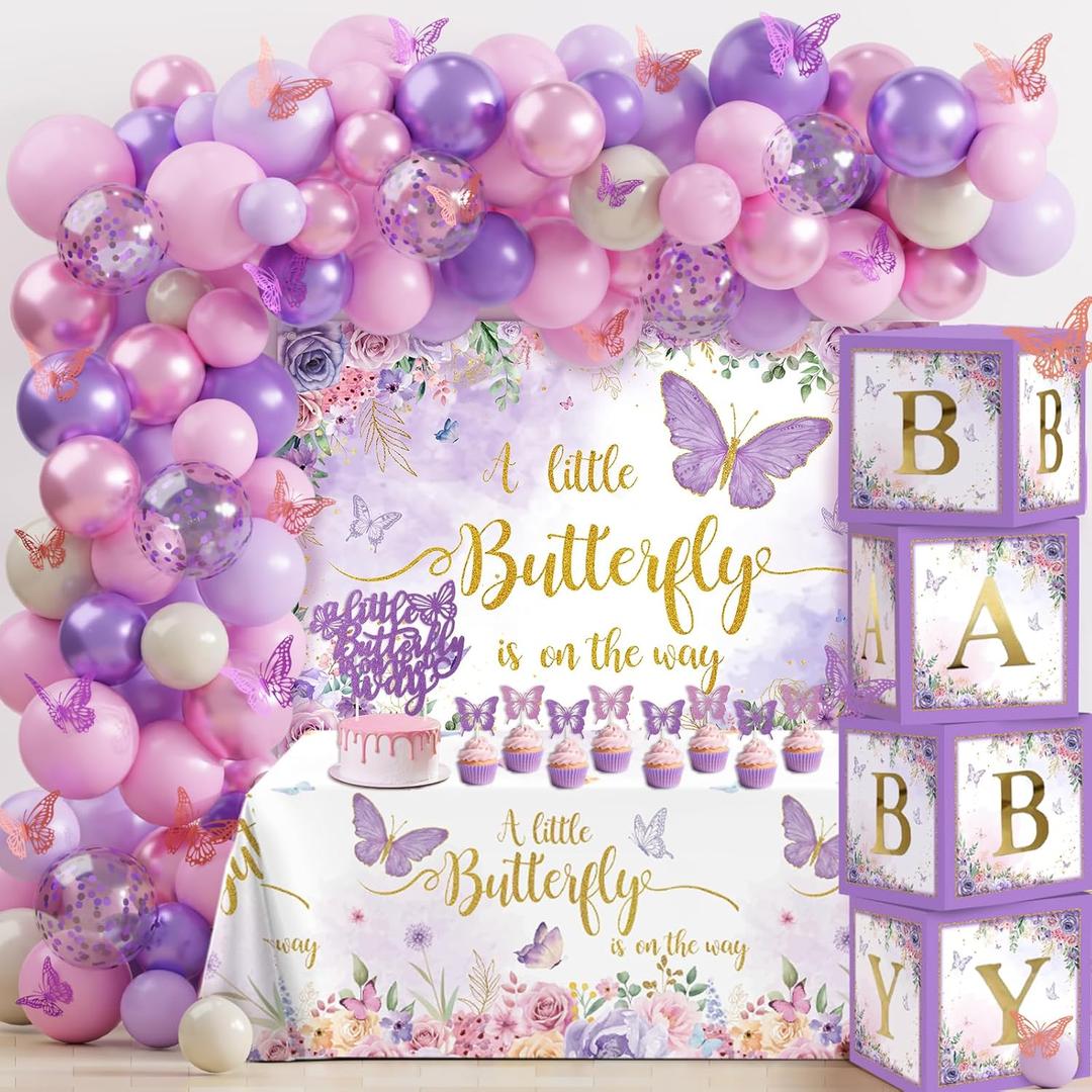 Butterfly Baby Shower Decorations for Girl Pink Purple Balloon Arch Kit Baby Boxes A Little Butterfly is on the Way Backdrop Tablecloth Cake Toppers Stickers for Girl Birthday Baby Shower Decor