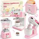 Play Kitchen Accessories,Play Kitchen Appliances with Coffee Maker,Mixer,Toaster and Blender,Kids Kitchen Playset with Lights & Sounds,Pink Kitchen Toys Set for Girls,Birthday Gifts Age 3-5 4-8