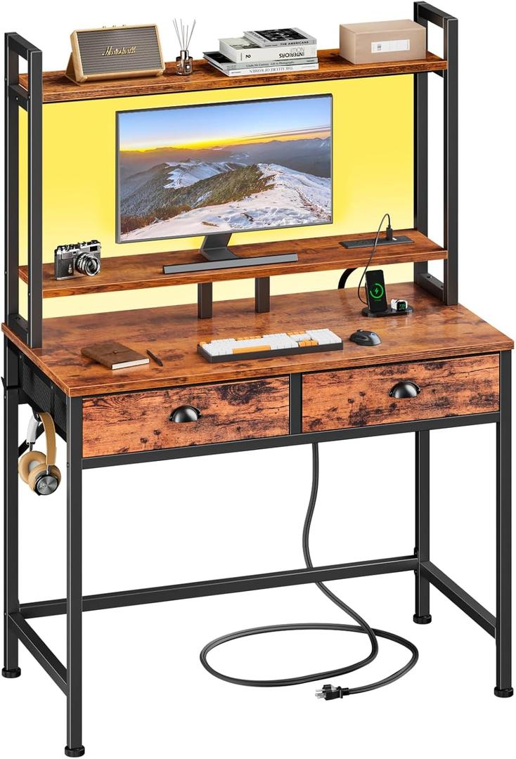 Furologee 36 Inch Small Computer Desk with Hutch, Power Outlet and LED Light Study Home Office Desk for Bedroom, Work Writing Table with Drawers, Vanity Table with Storage & Shelves, Rustic Brown
