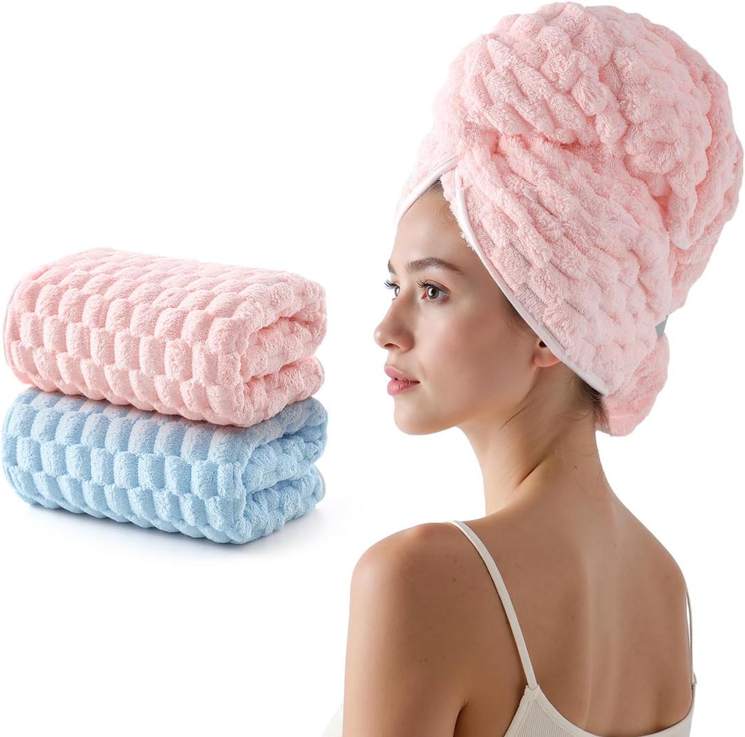 REDKISS 2 Pack Microfiber Hair Towels - Extra Large Hair Towel Wrap for Women, 24x42 inch Pink Hair Towels with Elastic Strap, Super Soft Blue Hair Drying Towels Curly Anti Frizz Turbans