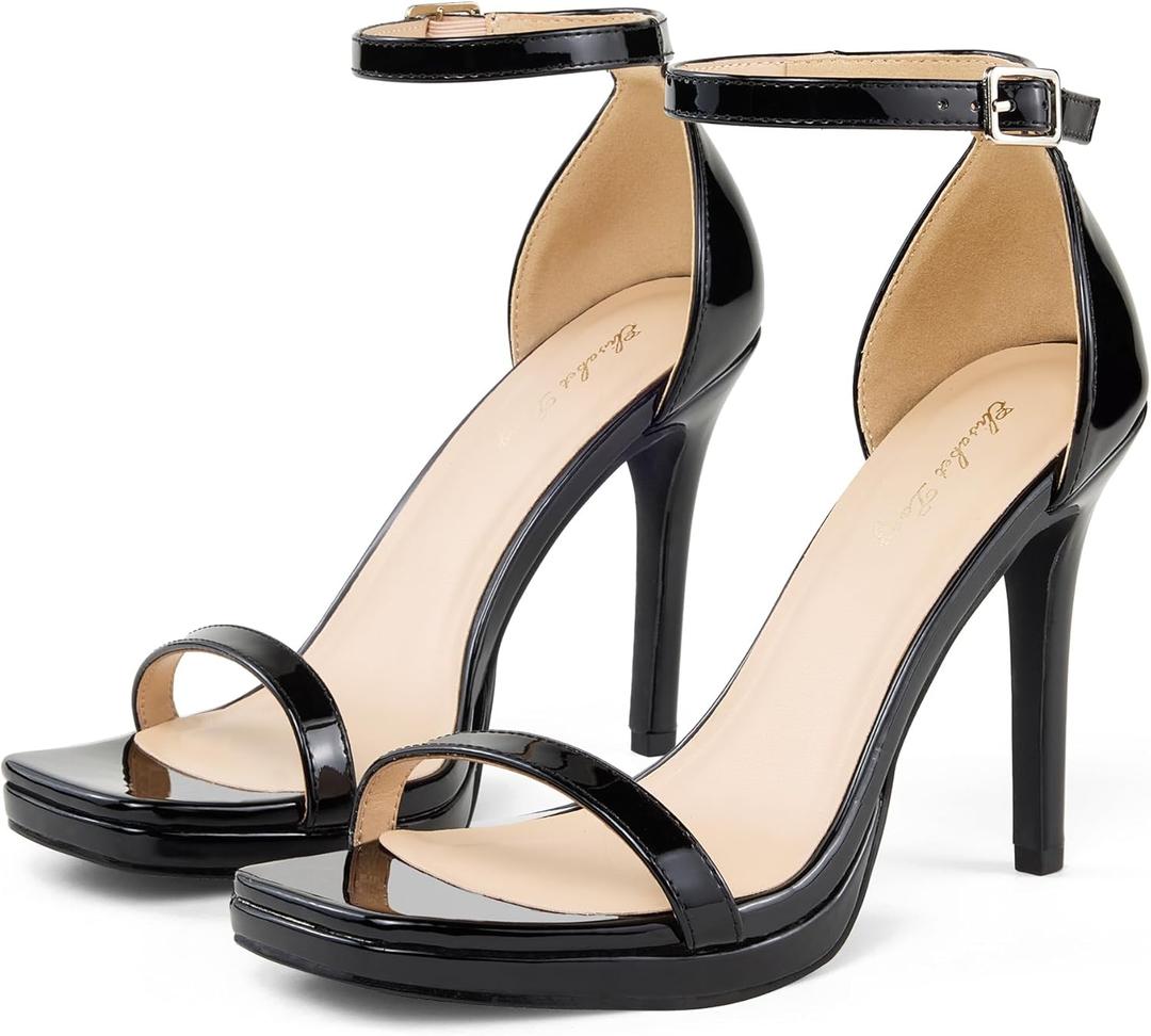 Elisabet Tang Women's 4.3 Inch Platform High Heeled Sandals Strappy Stiletto Open Square Toe Heel with Ankle Strap at Wedding Party Prom Work Dating (7.5, Black)