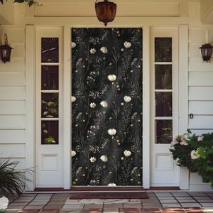 Dark Moody Floral Door Cover Decorations, Dark Cottagecore Flower Botanical Doorway Curtains Door Covers Banners Photography Background Backdrop for Indoor Outdoor Decor, 35*79 Inch