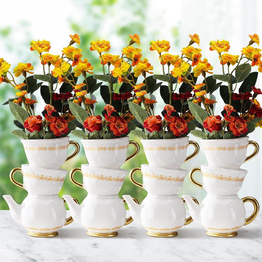 Tioncy Mini Teacup Bud Vase 5" Wonderland Tea Party Decorations Antique Vintage Kitchen Decor Whimsy Ceramic Vase Tea Party Favor for Wedding Gift Birthday Bridal Showers Home(4 Pcs)