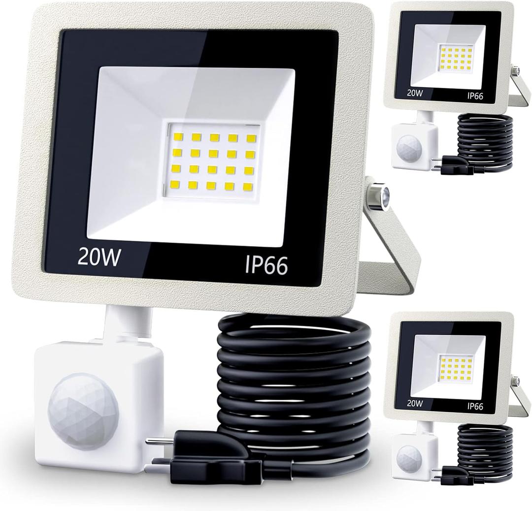 MIWAT 3Pack 20W LED Motion Sensor Flood Lights, PIR Sensor Lamp, 6000K Intelligent Daylight, Super Bright Waterproof Security Floodlight for Patio Ourdoor