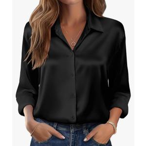 ZAFUL Womens Button Down Shirts 3/ 4 Long Sleeve Dressy Casual Tops Satin Silk Business Blouses Black, 2XL
