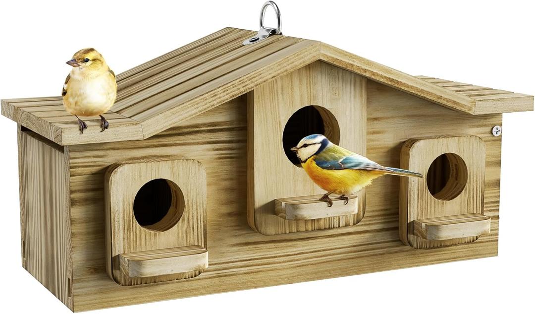 Auslar Bird House, Bird Houses for Outside for 3 Bird Families, Wooden Birdhouse for Outdoors, 3 Hole Hanging Bluebird House for Cardinals Finch Wren Swallow for Garden Viewing