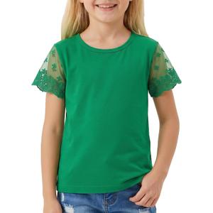 Noomelfish Girls Lace Short Sleeve T-Shirts Kids Summer Cute Tops Blouse(5-12 Years) (Green)