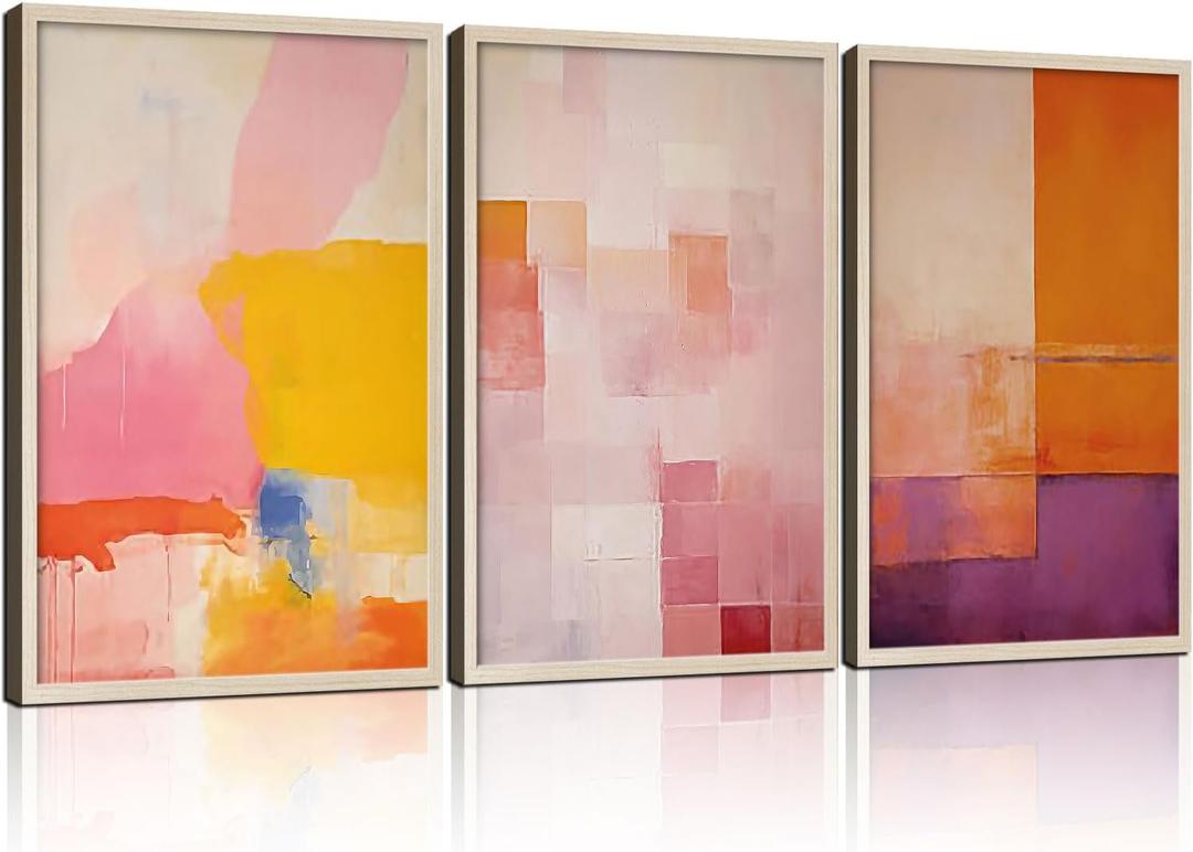 3Pcs Framed Color Blocks Canvas Wall Art Modern Abstract Pastel Prints Gallery Style Posters Pictures Living Room Bedroom Office Home Decor 12X16 Inch Ready to Hang