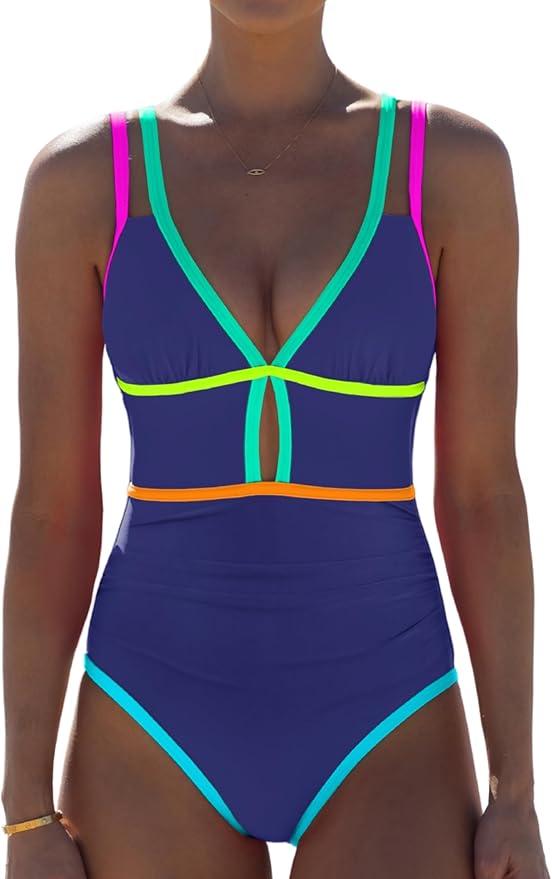 popvil Women One Piece Swimsuit 2026 Tummy Control Sexy Cutout Neon Color Block Bathing Suit Slimming Adjustable Swimwear, Dark Blue, Small
