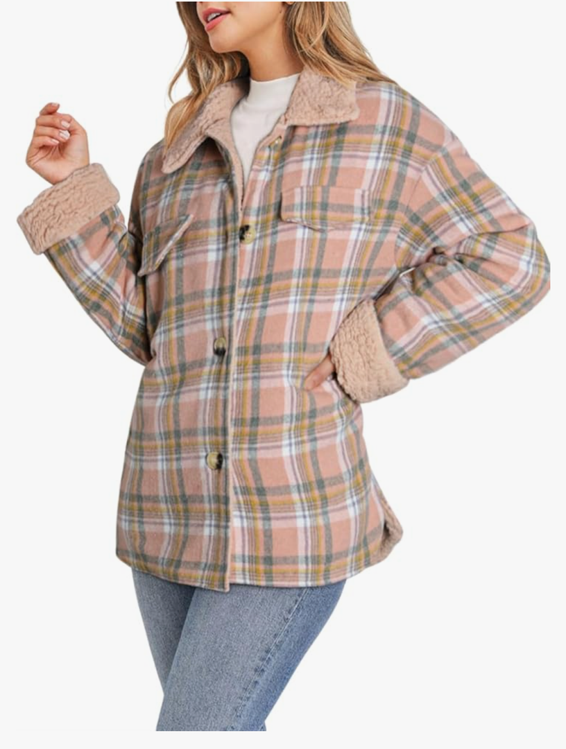 Dokotoo Winter Coats for Women Button Down Plaid Flannel Shirts Warm Sherpa Fleece Jacket Size XXL, Pink