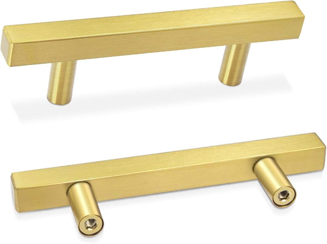 30 Pack Cabinet Pulls 5" Length Brushed Brass Drawer Handles, 3" Hole Center Square Kitchen Cabinet Handles, Stainless Steel Cabinet Hardware for Bedroom Bathroom Office (Gold)