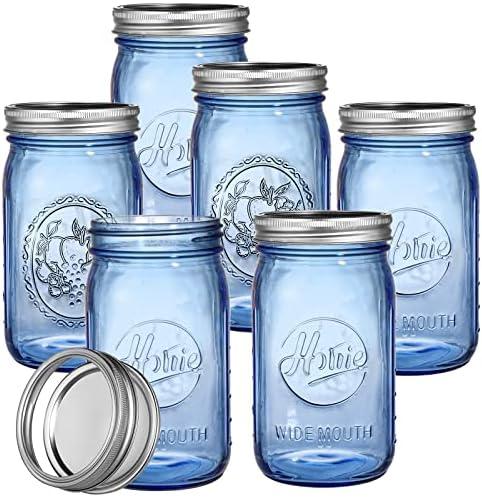 Tebery 6 Pack Vintage Blue Home Mason Jars with Airtight lids & Bands, 32Oz Wide Mouth Quart Glass Canning Jar for Fermenting, Pickling, Storage, DIY Crafts & Decor