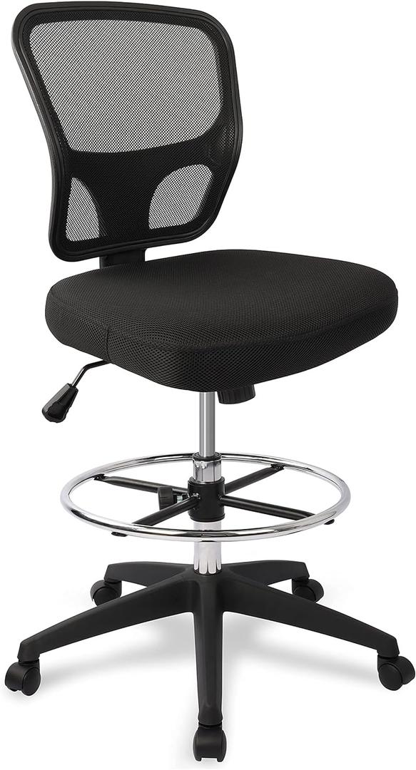 Armless Drafting Chair Tall Office Chair Adjustable Height High Back Ergonomic Desk Chair Drafting Stool Rolling Bar Stools Chairs with Footrest and Wheels (Black)