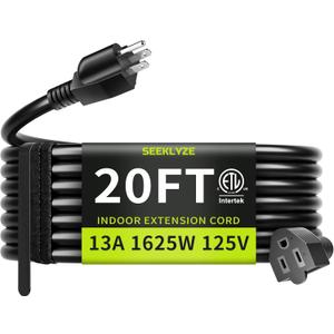 16/3 Black 20 FT Extension Cord, Indoor Extension Cord for Laptops, Coffee Makers, Office Home Appliances, 3 Prong Resistant Cable Flexible, 13A 125V 1625W ETL Listed