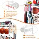 EXTCCT Garage Sports Equipment Organizer - Rolling Ball Storage Bin with Wheels, Garage Sports Gear Rack Outdoor Basketball Racks for Balls with Baseball Bat Holder and Hooks, Toy Organizer(White)