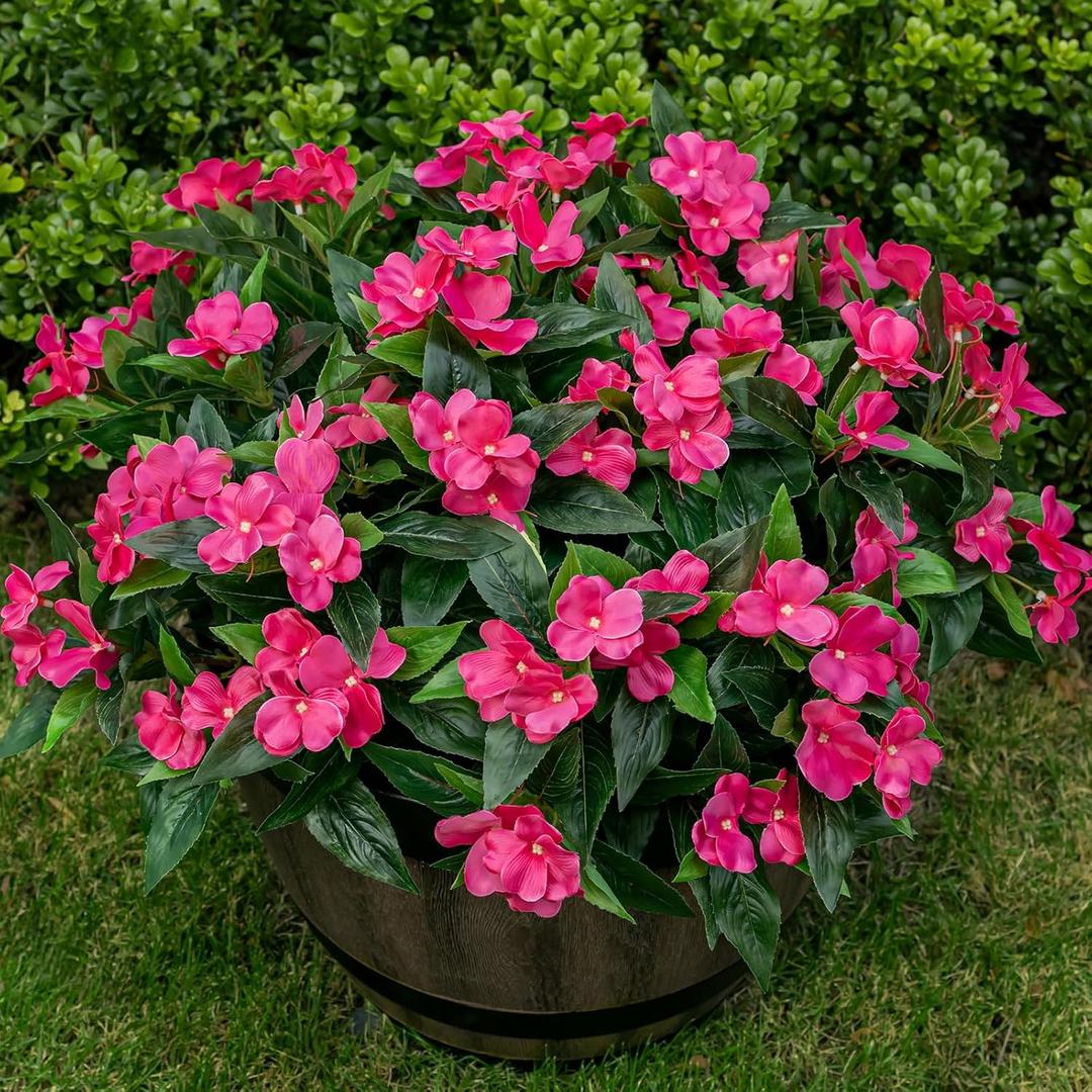 Nigirior Artificial Fake Flowers for Outdoor Dcor 6 Bundles UV Resistant Fake Plants for Planter Faux Impatiens for Home Porch/Garden StunningRose Red