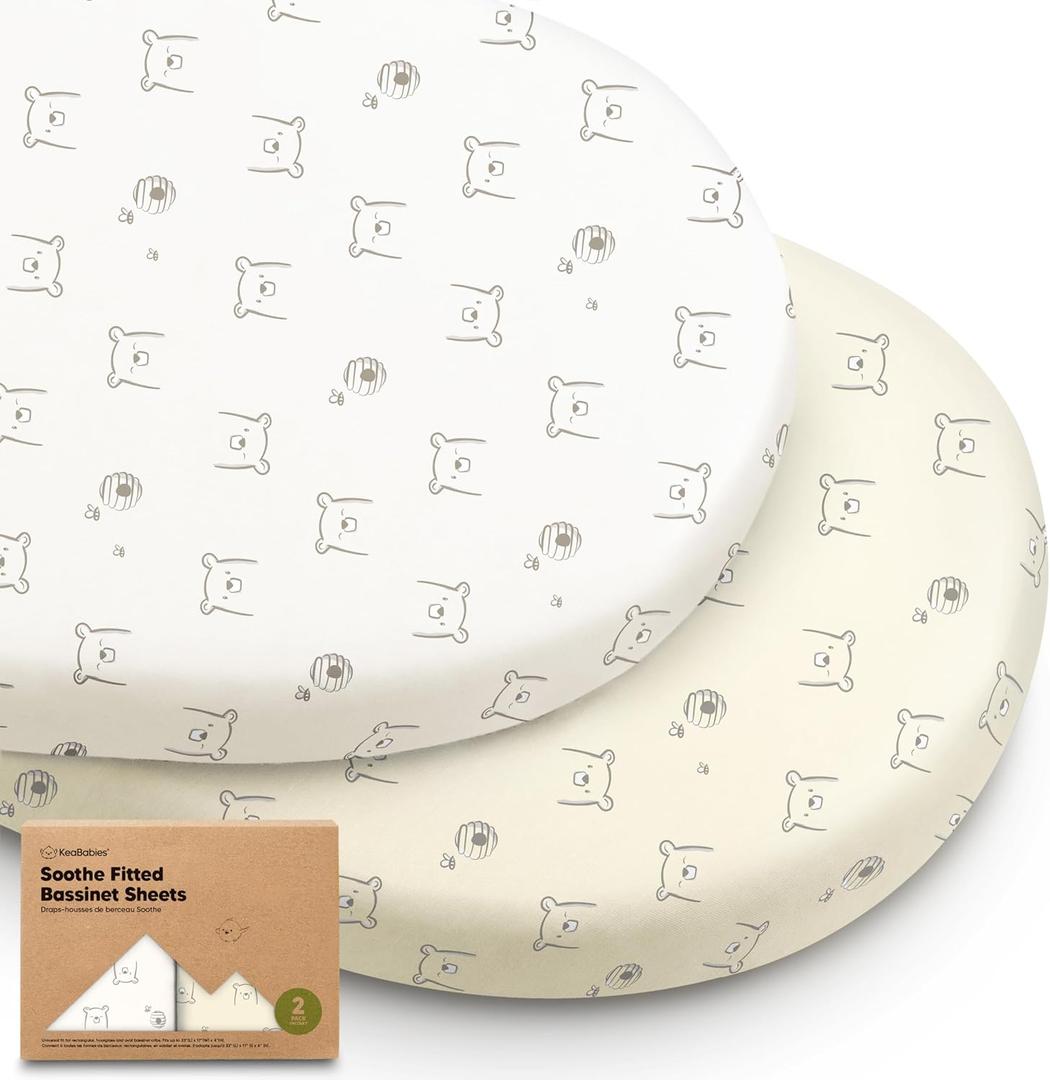 2-Pack Organic Bassinet Sheets for Girls, Boys - 100% Cotton Bassinet Mattress Sheets Compatible with Halo Bassinest Swivel Sleeper, Graco, Baby Delight, Chicco, Fitted Bassinet Sheets (Bumble Bear)