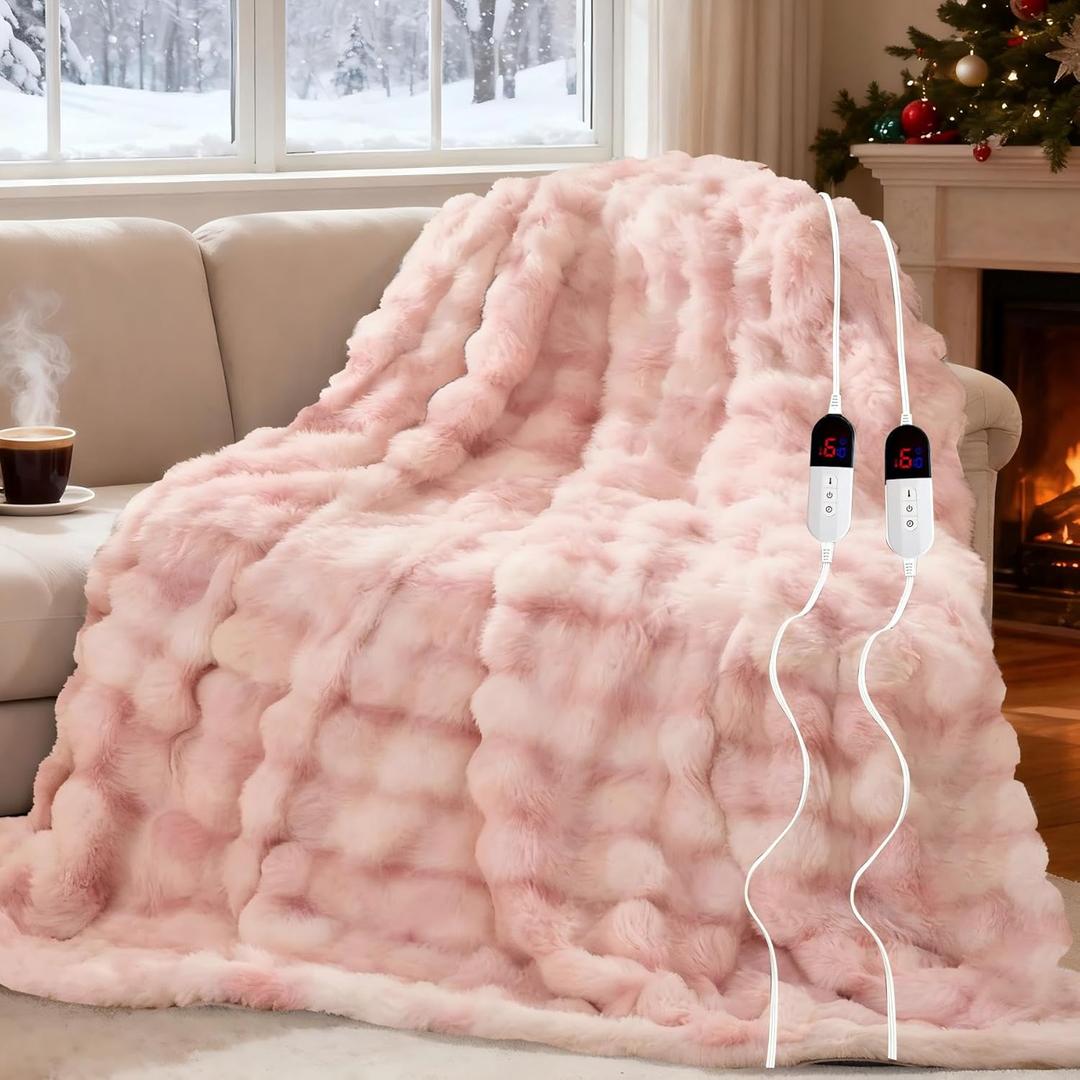 Electric Blanket, Soft Faux Rabbit Fur Bubble Heated Blanket with Dual Control 6 Heating Levels & 10 Hours Auto-Off, Machine Washable, Fast Heating (Pink White, 90"X100")