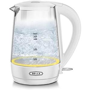 BELLA 1.7 Liter Glass Electric Kettle, Quickly Boil 7 Cups of Water in 6-7 Minutes, Soft Yellow LED Lights Illuminate While Boiling, Cordless Portable Water Heater, Carefree Auto Shut-Off, White