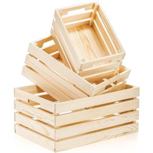 Youeon Set of 3 Rustic Wooden Nesting Crates with Handles, Decorative Wooden Crates, Crate Box Wooden Storage Box for Kitchen, Office, Bedroom, Closet, Rustic Country Decor