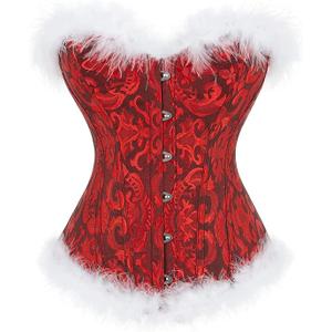 Women Christmas Corset Top Costume Lace Up Bodice Overbust Lingerie Santa Claus Bustier Body Shaper S