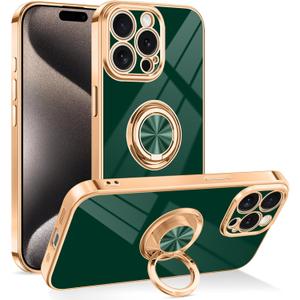 Dinick Designed for iPhone 15 Pro Max Case with Ring Holder Soft TPU Bumper Glitter Plated Slim Cover for Women Men Finger Stand for iPhone 15 Pro Max Case Green and Gold