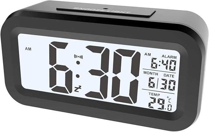 Upgraded Digital Alarm Clock, 4.3" LED Display with Temperature Larger Lound Light Control Portable Snooze Calendar Brightness with Battery Powered Alarm Clocks Bedside for Everyone (Black)