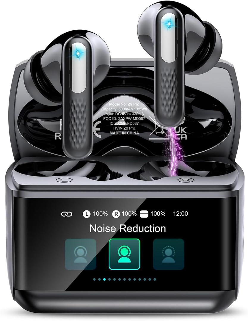 ZYHKON Wireless Earbuds with Touch Screen, Transparency Mode, IPX7 Earphones, Dark Black