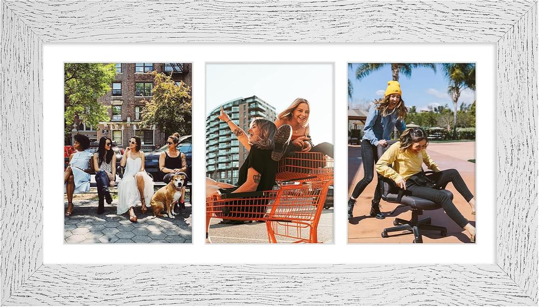 8x16 Picture Frame Display 3 opening Picture Frame 5x7 Collage,Multi Photo Frame with Mat,Plexiglass,Horizontal and Vertical Formats for Wall Decor,Distressed White Wood Grain