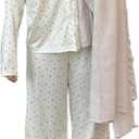Seyurigaoka Women 2 Piece Floral Pajamas Lounge Set Y2K Long Sleeve Shirt Wide Leg Pants Sleepwear Pj Matching Sets (Medium, Beige)