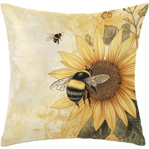 Leaves Bees Throw Pillow Covers Vintage Sunflowers Pillow Cases Square Cushion Cover for Sofa Couch Bedroom Living Room 20x20 Inch (Yellow Beige)